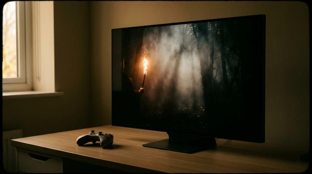 Gaming monitor displaying HDR scene with local dimming zones creating deep blacks and bright highlights