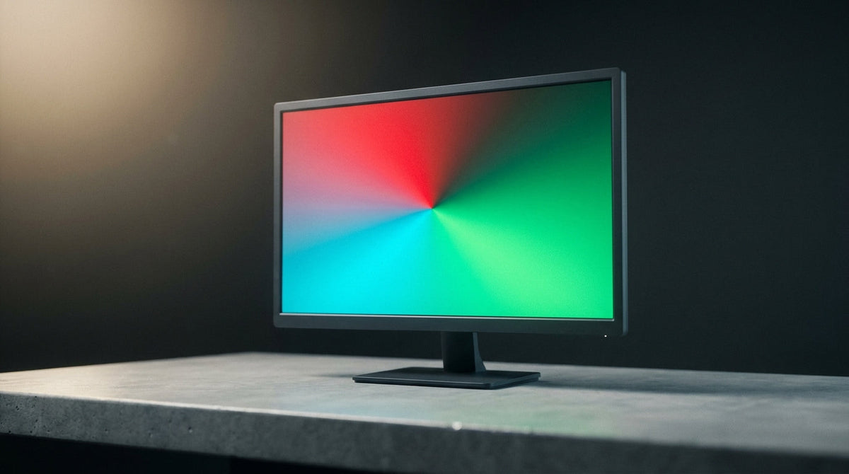 Gaming monitor displaying a color spectrum used to verify color gamut coverage against advertised specs