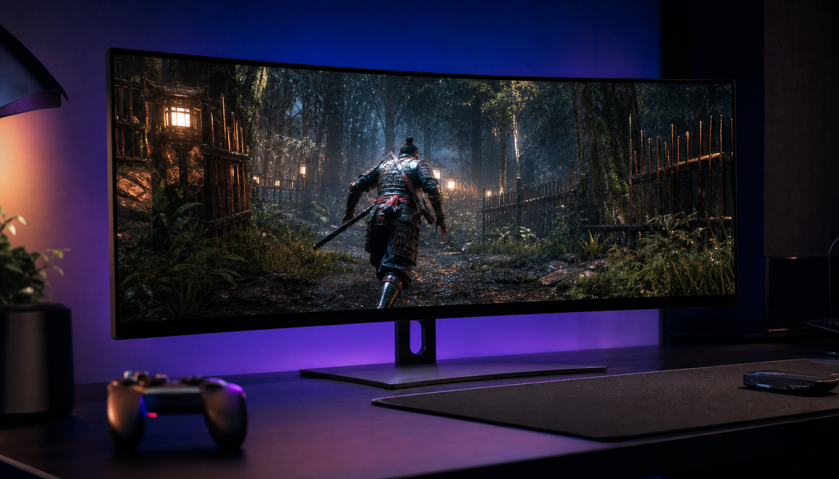 Gaming monitor displaying a crisp cinematic third-person game scene with sharp motion clarity in a dim gaming room setup