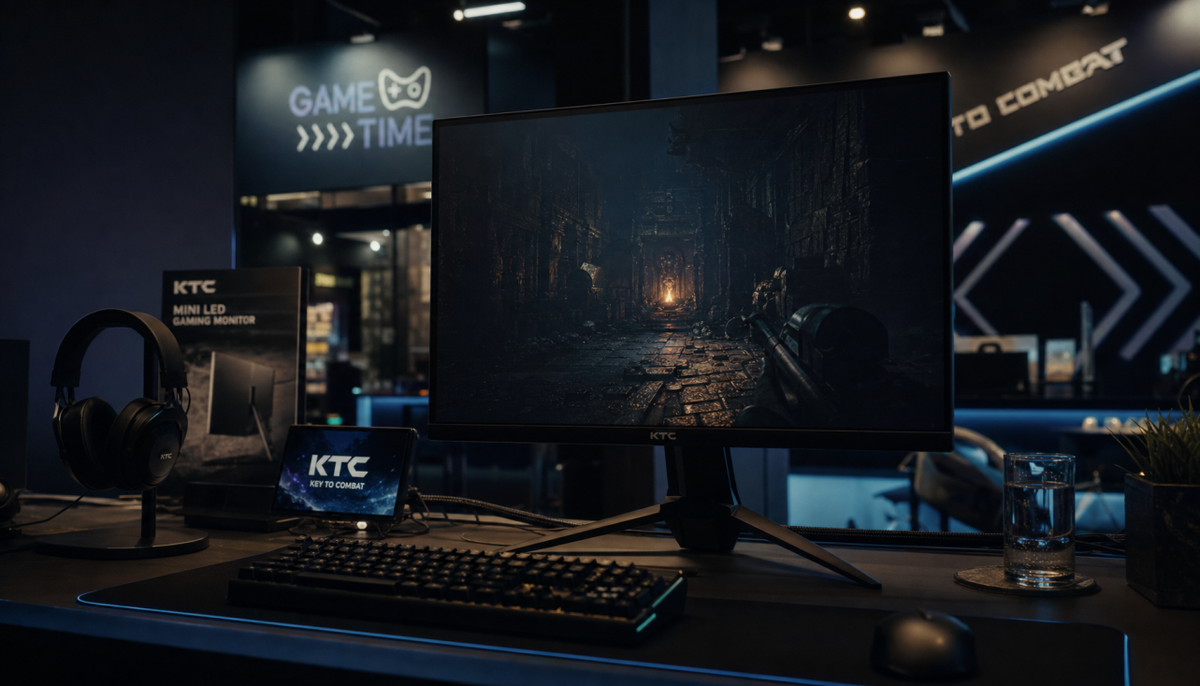 Gaming monitor displaying a dark cinematic scene in a dimly lit setup, illustrating the conditions where Adaptive Sync VRR flicker appears