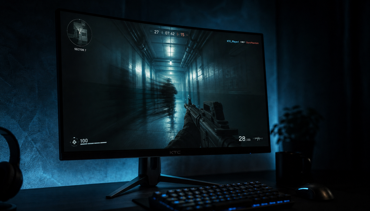 Gaming monitor displaying a dark corridor scene with visible ghosting trails behind a moving character