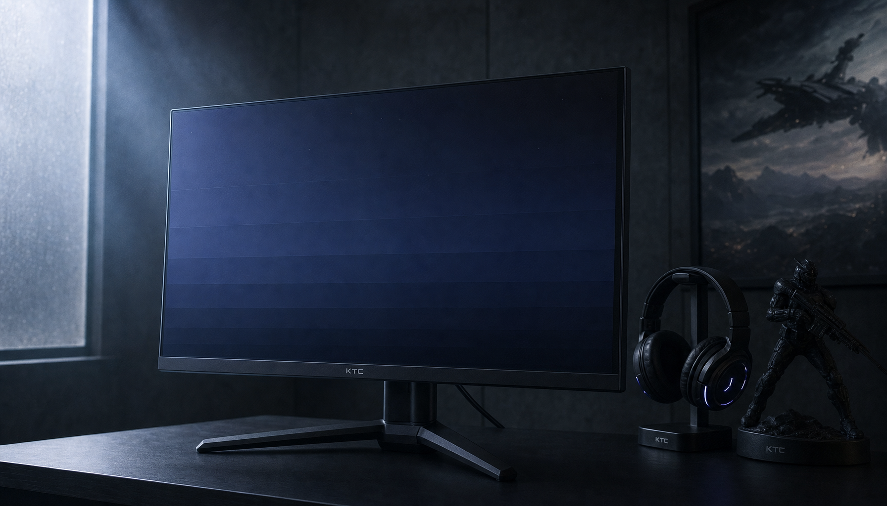 Gaming monitor displaying a dark gradient scene with visible banding stripes, illustrating panel bit depth limitations