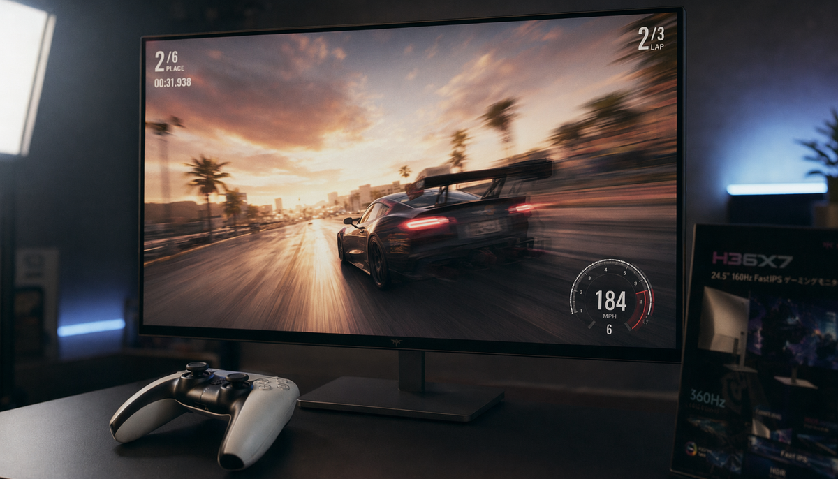 Gaming monitor displaying a fast camera pan with visible ghosting and double-image artifact, console controller in foreground