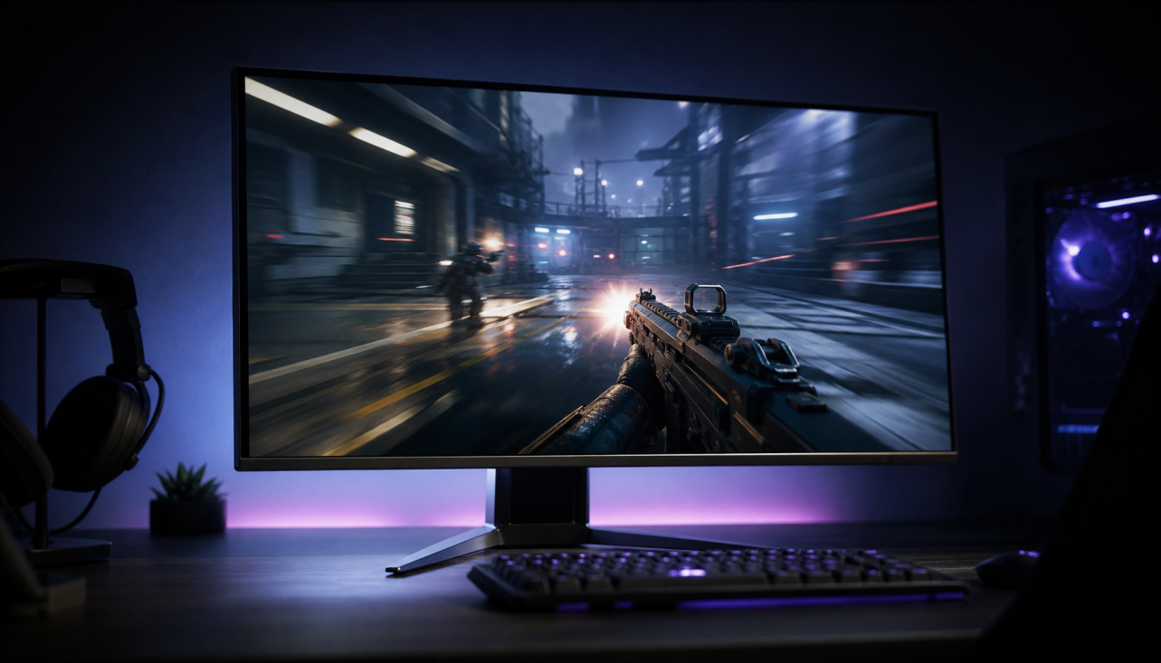 Gaming monitor displaying a fast-paced FPS game, illustrating overdrive settings and response time in a competitive setup