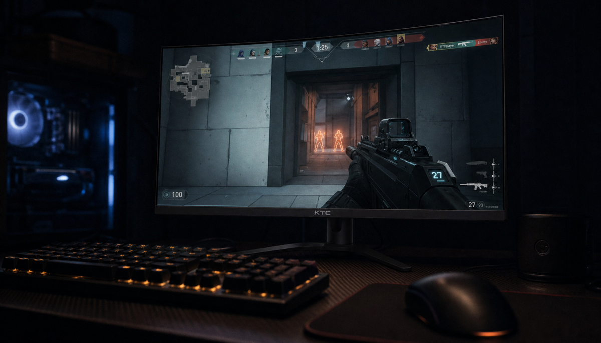 Gaming monitor displaying a fast-paced FPS scene in a dark room, illustrating how head movement speed affects perceived motion blur