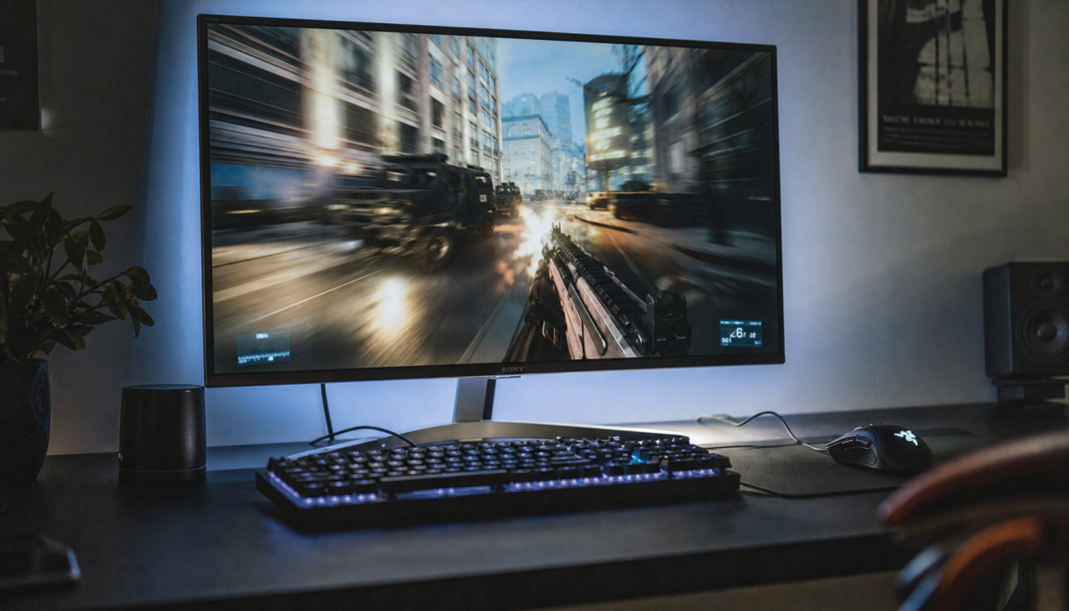 Gaming monitor displaying a fast-paced shooter with Adaptive Sync enabled for smooth frame pacing
