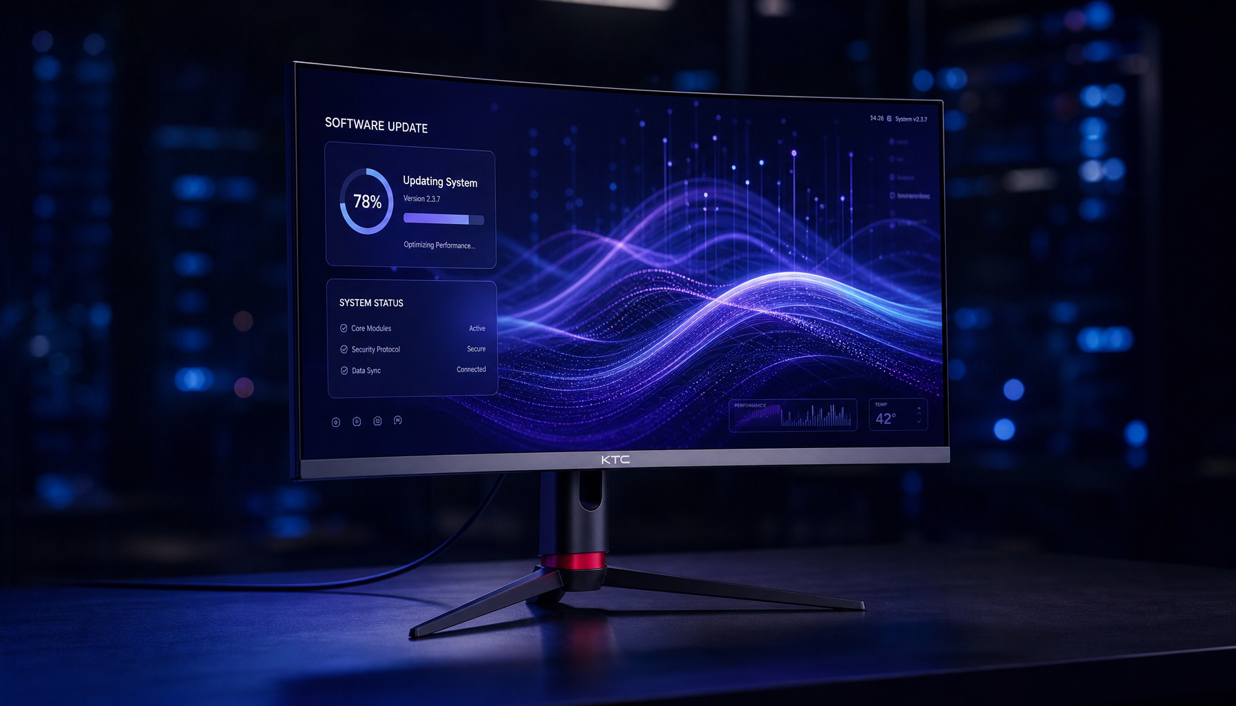 Gaming monitor displaying a software update interface in a dark tech environment, representing AI feature improvement through firmware updates