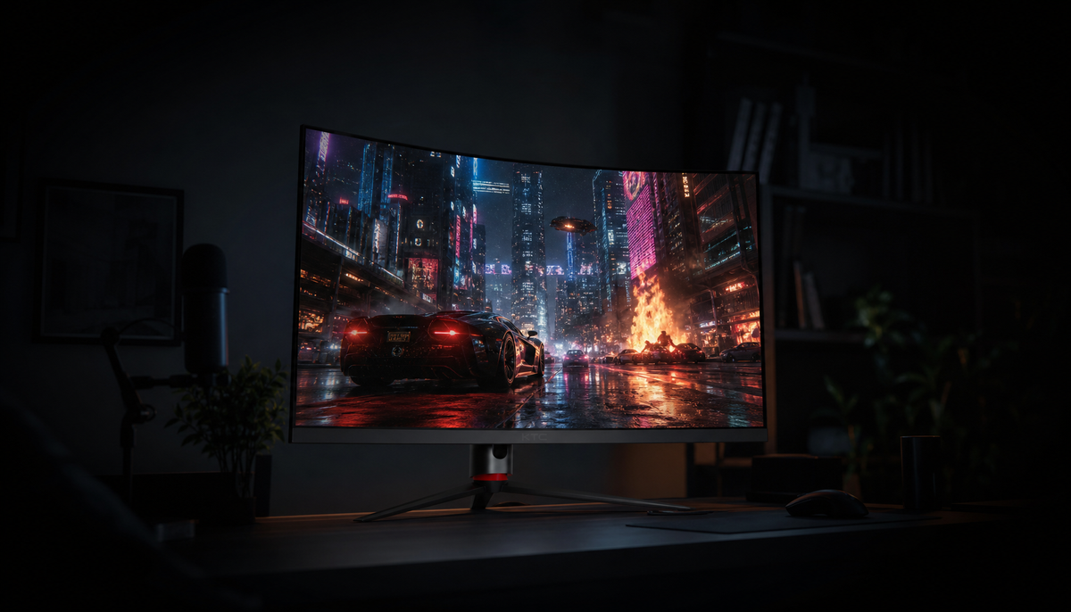 Gaming monitor displaying a vivid HDR scene with bright highlights and deep shadows in a dark room