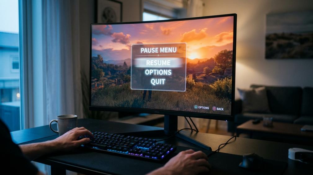 Gaming monitor displaying an HDR game scene with a bright pause menu glowing against the darker game world, illustrating console HDR UI readability issues