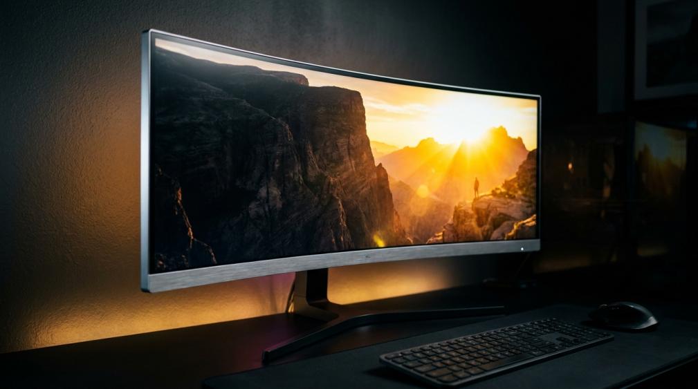 Gaming monitor displaying high-contrast HDR scene with deep blacks and bright highlights, illustrating console HDR calibration after firmware update