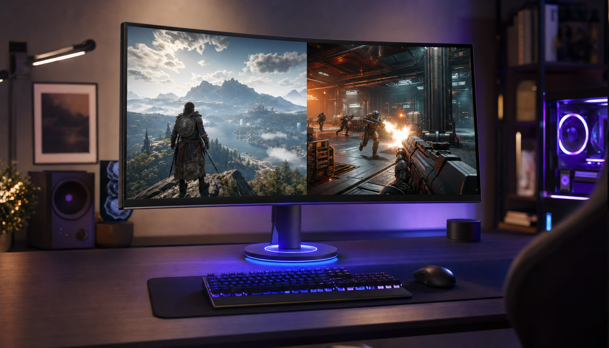 Gaming monitor displaying two distinct display modes side by side, illustrating Adaptive Sync behavior when switching between resolution and refresh rate settings