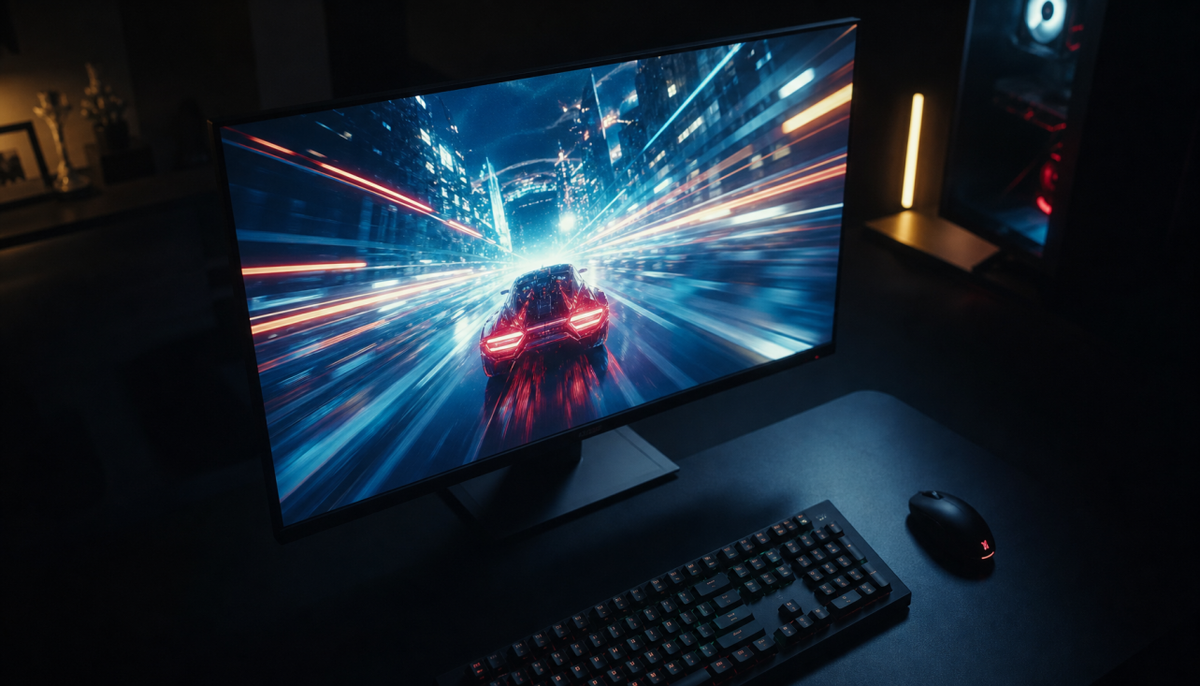 Gaming monitor glowing in a dark room, illustrating the risks and considerations of forcing unsupported refresh rates
