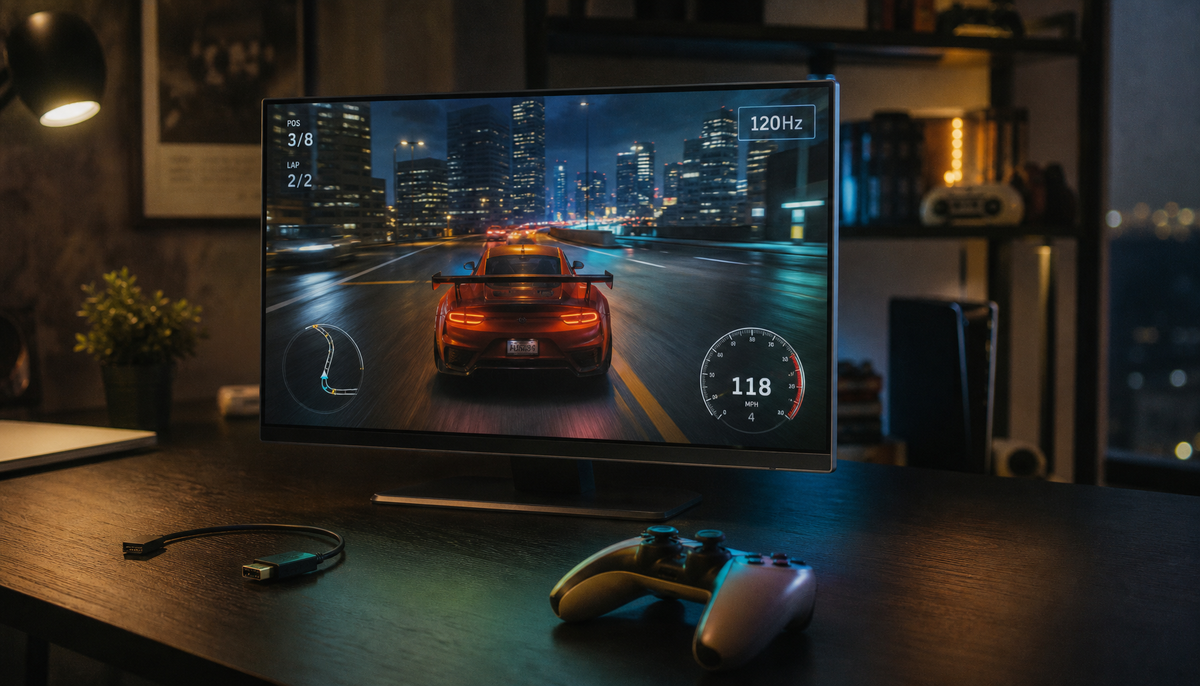 Gaming monitor in a home setup displaying a 120Hz OSD confirmation while showing a racing game