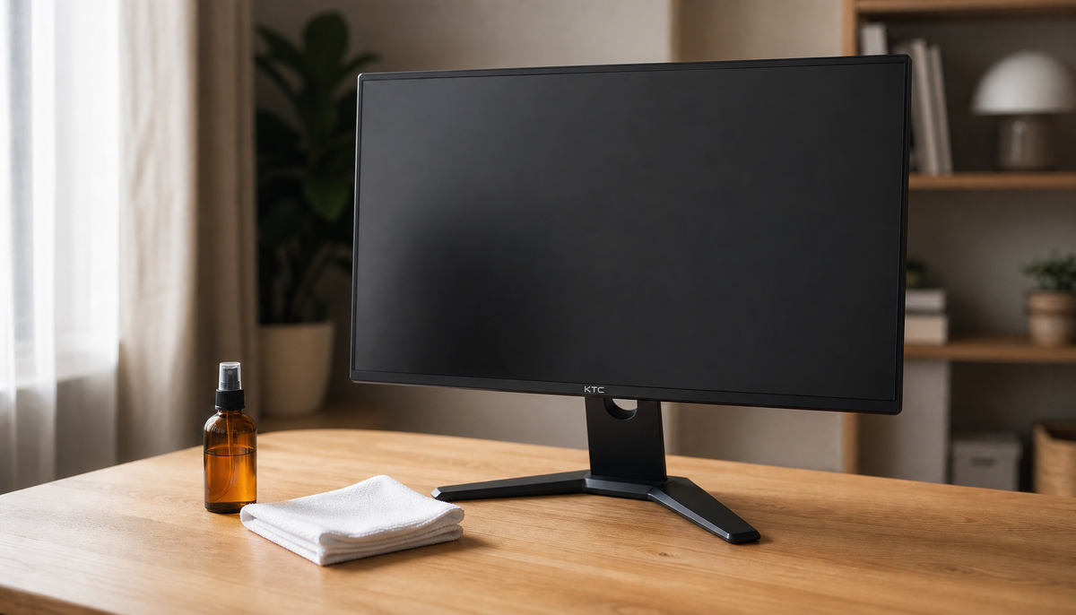 Gaming monitor on a clean desk with a microfiber cloth and spray bottle ready for screen cleaning