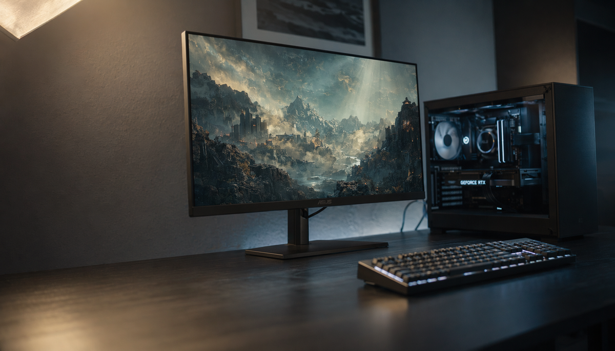Gaming monitor on a desk displaying a 4K game scene, illustrating GPU scaling efficiency across resolutions