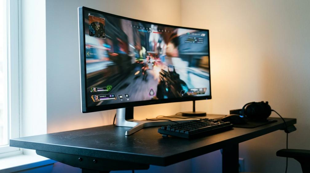 Gaming monitor on a desk displaying console game visuals, illustrating VRR console gaming setup