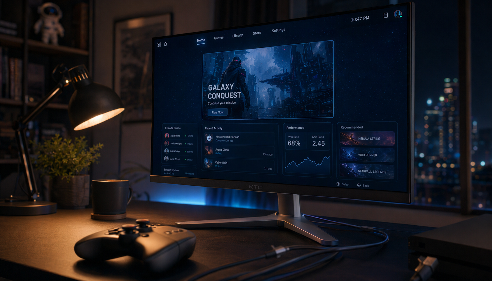 Gaming monitor on a desk with HDMI cables connected, showing the type of setup where console audio output options can vary by port