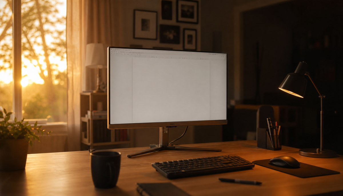 Gaming monitor on a home office desk transitioning from daylight to evening lighting