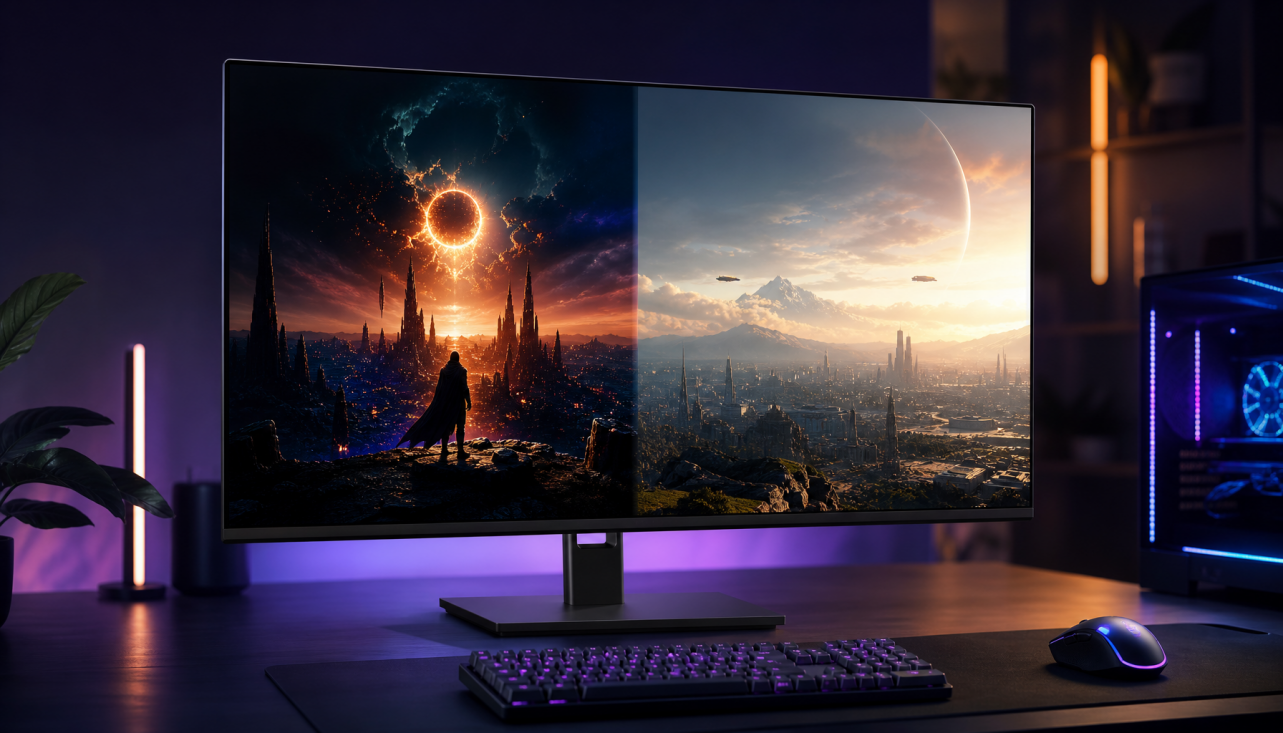 Gaming monitor showing HDR content to illustrate PQ vs HLG HDR transfer function differences