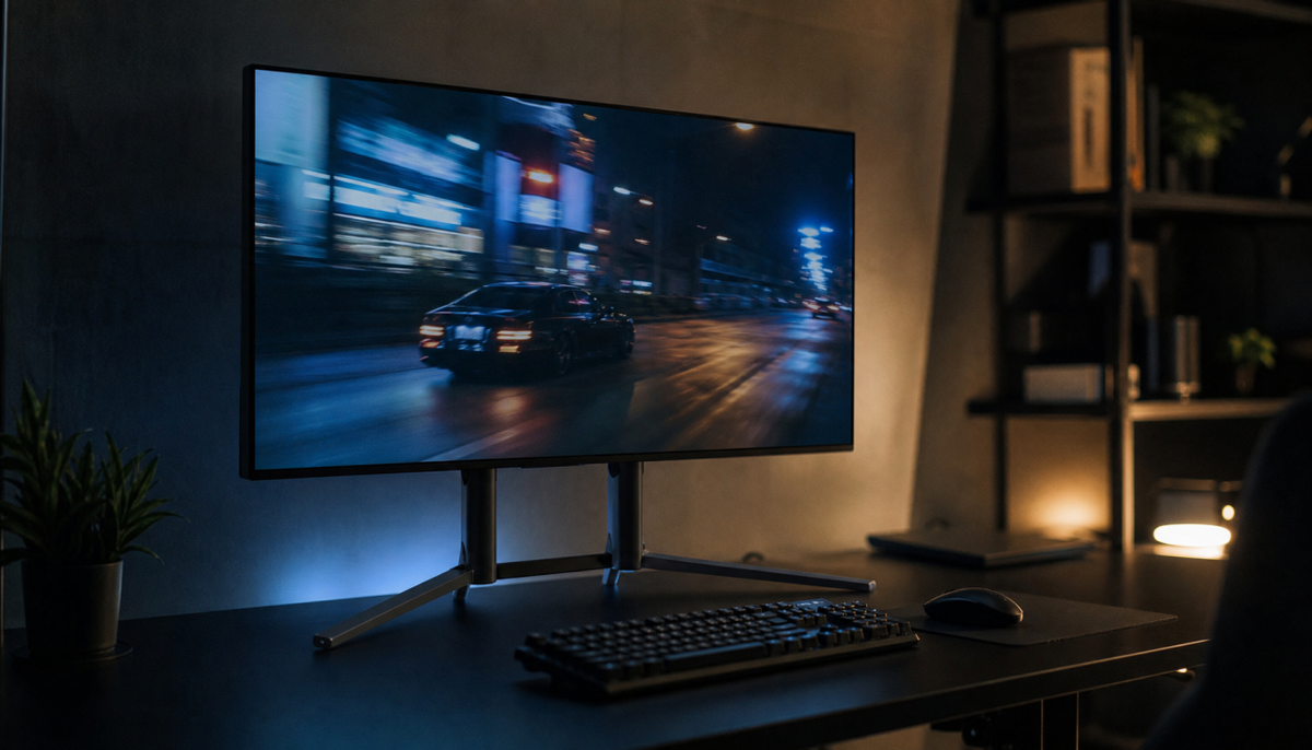 Gaming monitor showing a cinematic film scene, illustrating how Adaptive Sync affects 24fps video playback smoothness