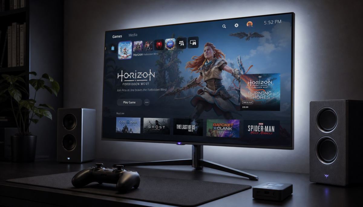 Gaming monitor showing a console home screen with HDR enabled in a dark room setup