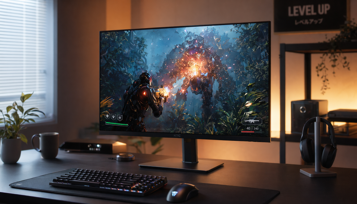 Gaming monitor showing a demanding scene where dynamic resolution scaling helps maintain stable frame rates