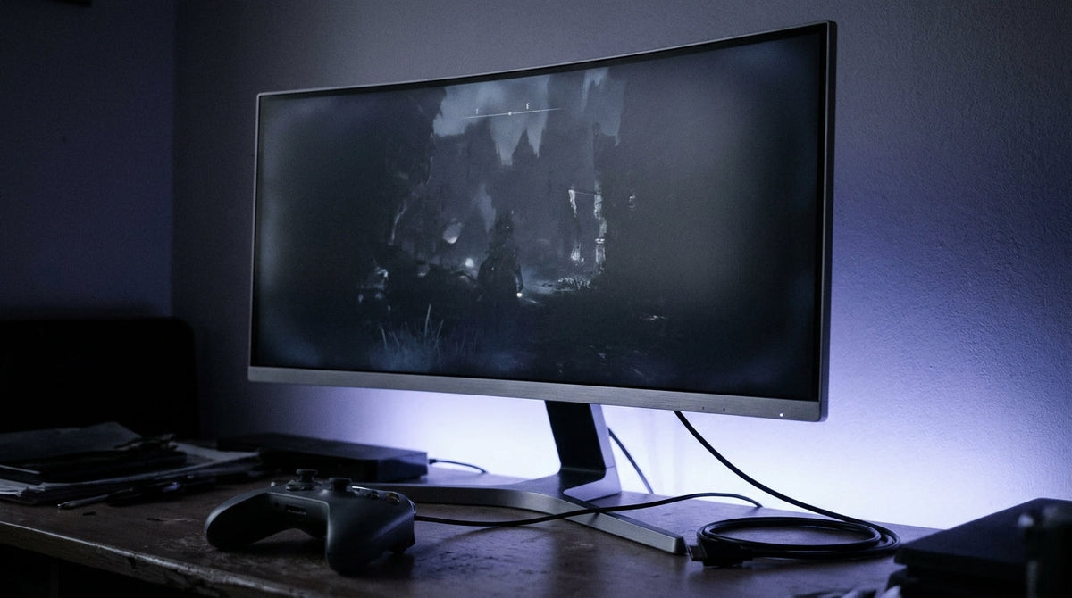 Gaming monitor showing brightness flicker with VRR enabled during console gameplay in a dark room