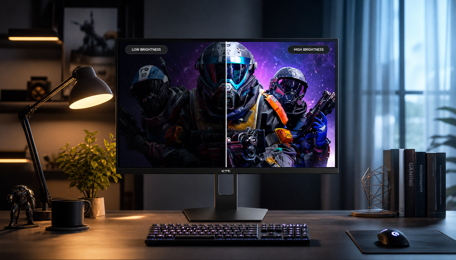 Gaming monitor showing color difference at various brightness levels in a home office setup