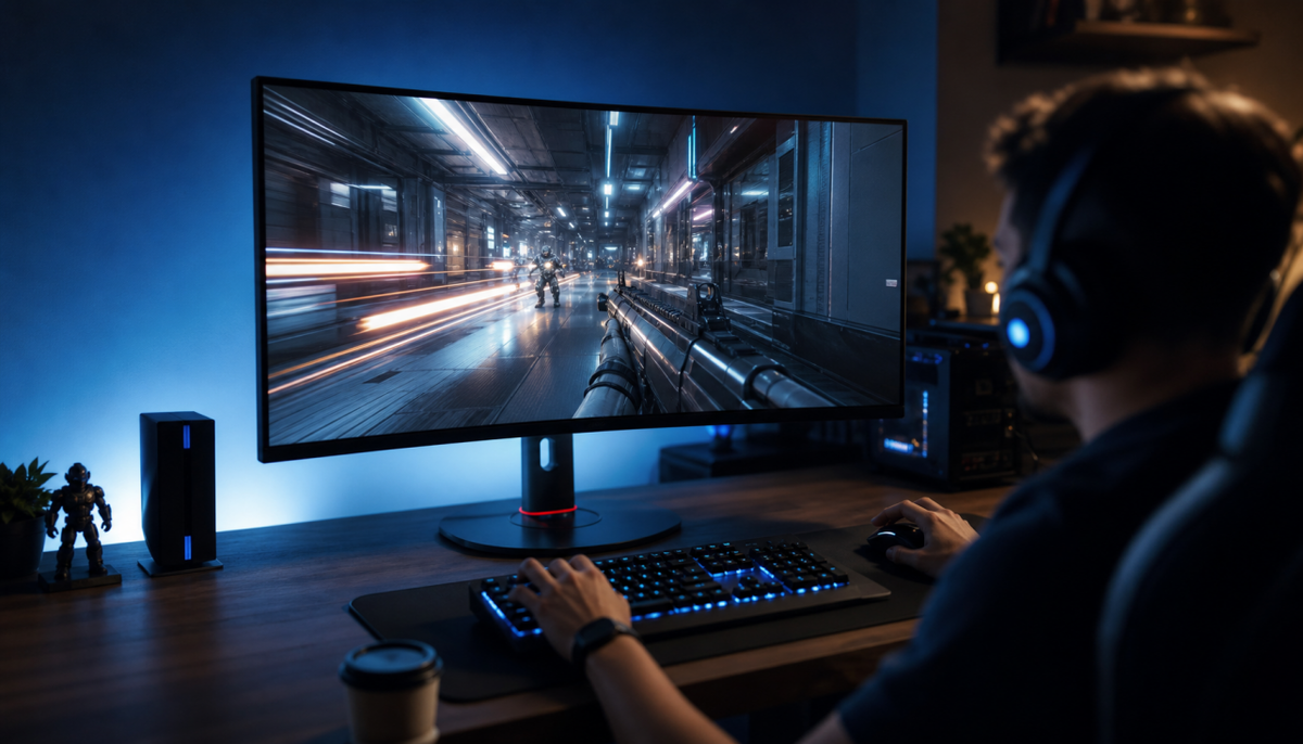 Gaming monitor showing crisp motion clarity with backlight strobing enabled in a dimly lit desk setup