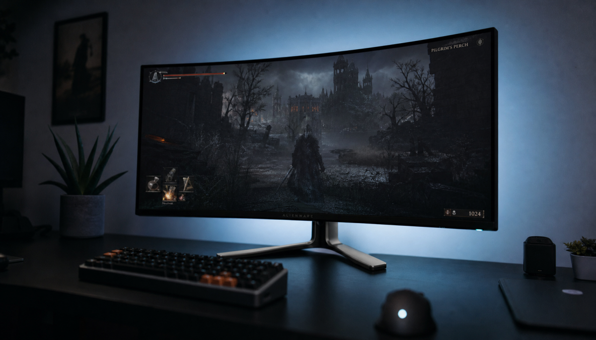 Gaming monitor showing dark scene with Adaptive Sync flicker artifacts on a VA panel