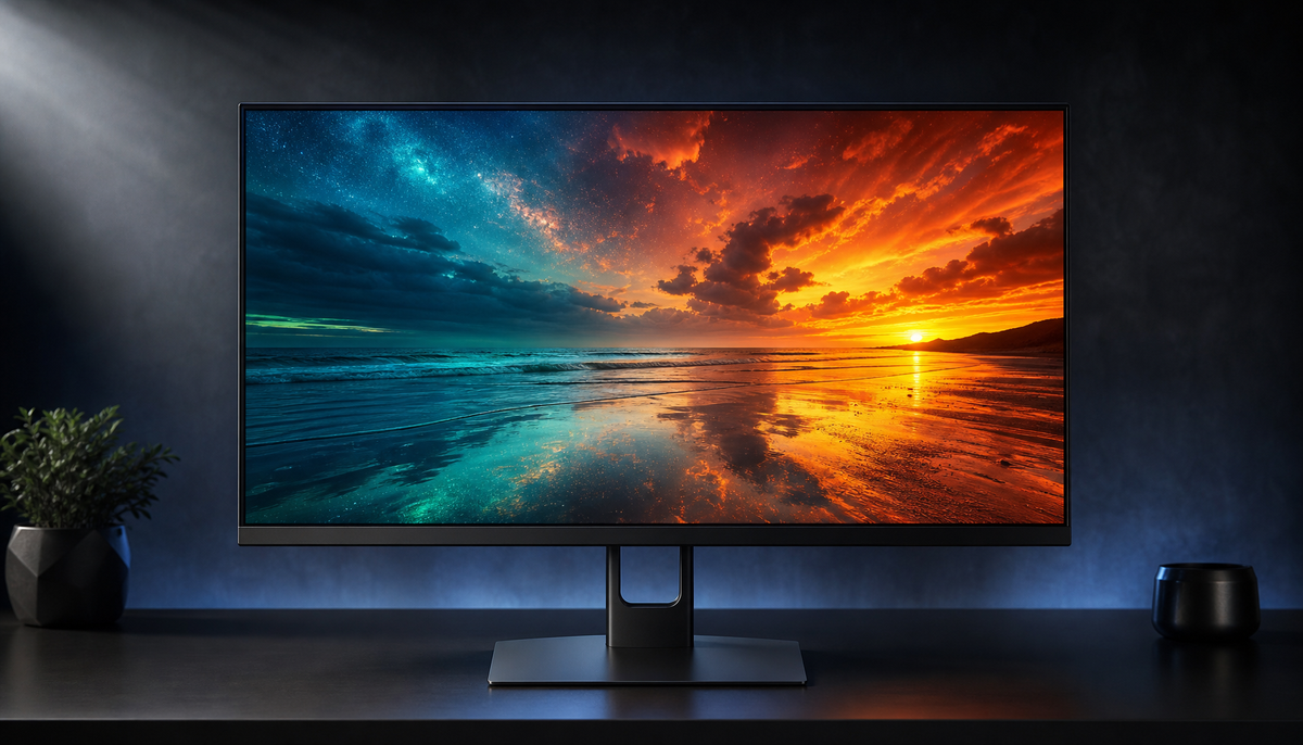 Gaming monitor showing wide color gamut coverage with vivid sunset and teal tones side by side