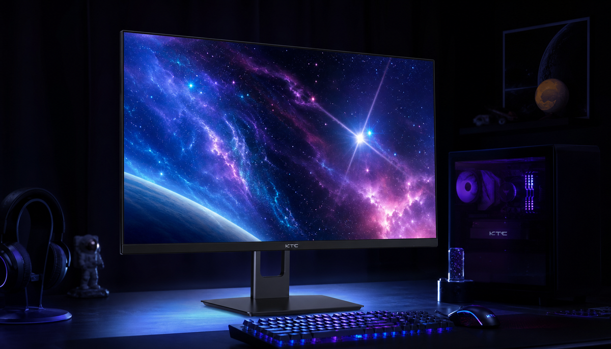 HDR gaming monitor showing deep contrast in a dark room environment