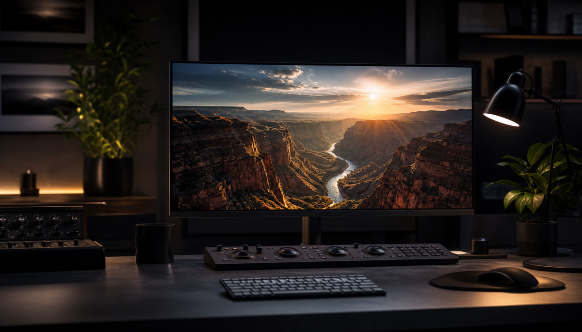 HDR monitor displaying color-accurate professional grade content in a studio color grading setup