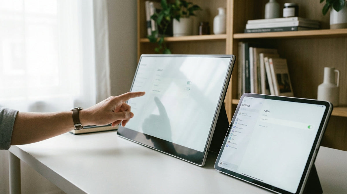 Hand calibrating touch accuracy on a KTC portable monitor connected to a tablet on a home-office desk