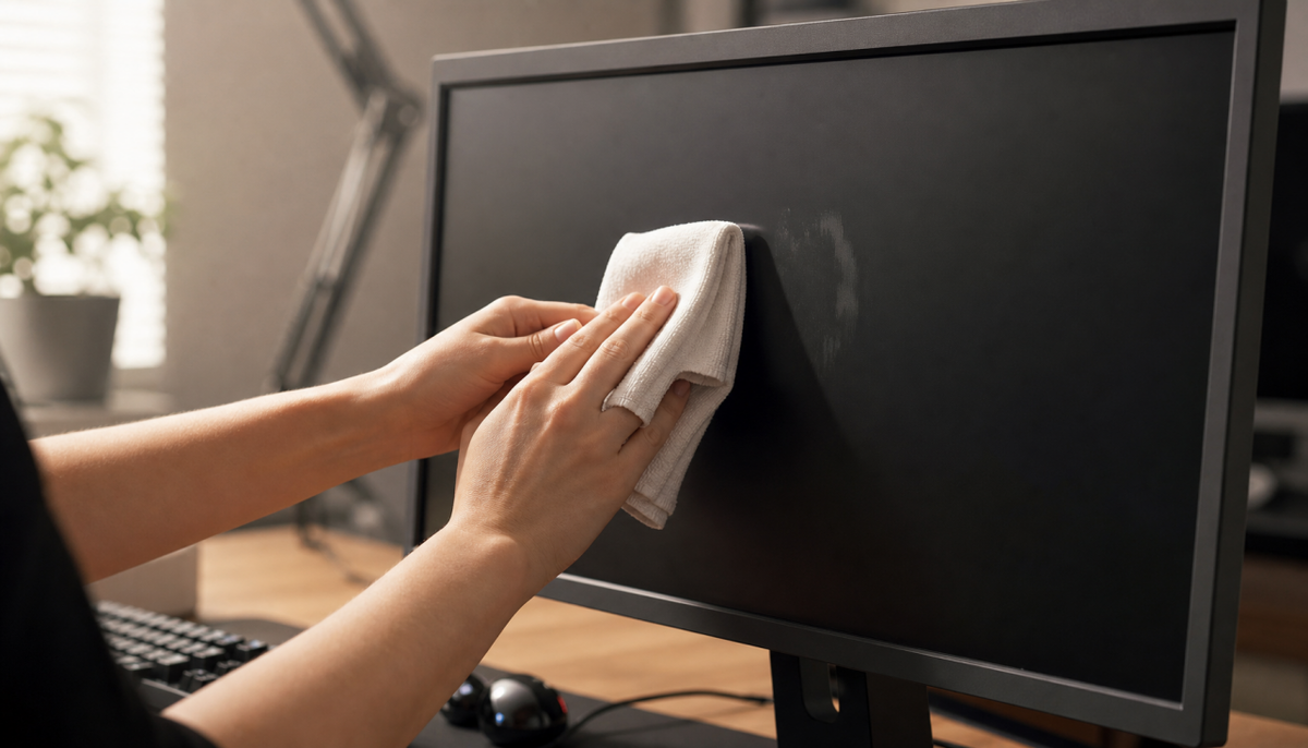 Hands wiping a gaming monitor screen with a folded white microfiber cloth on a clean desk
