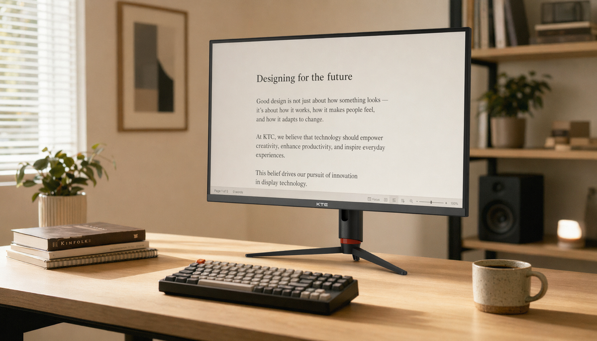 IPS monitor on a home office desk showing a clear document for extended reading sessions