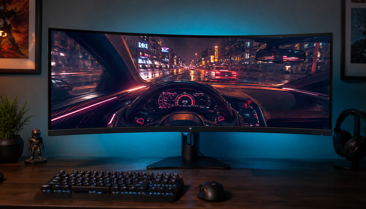 KTC 34-inch curved ultrawide gaming monitor showing 1440p widescreen racing game scene on dark desk setup