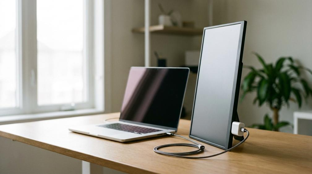 Laptop and portable monitor both powered through a single USB-C cable on a clean desk