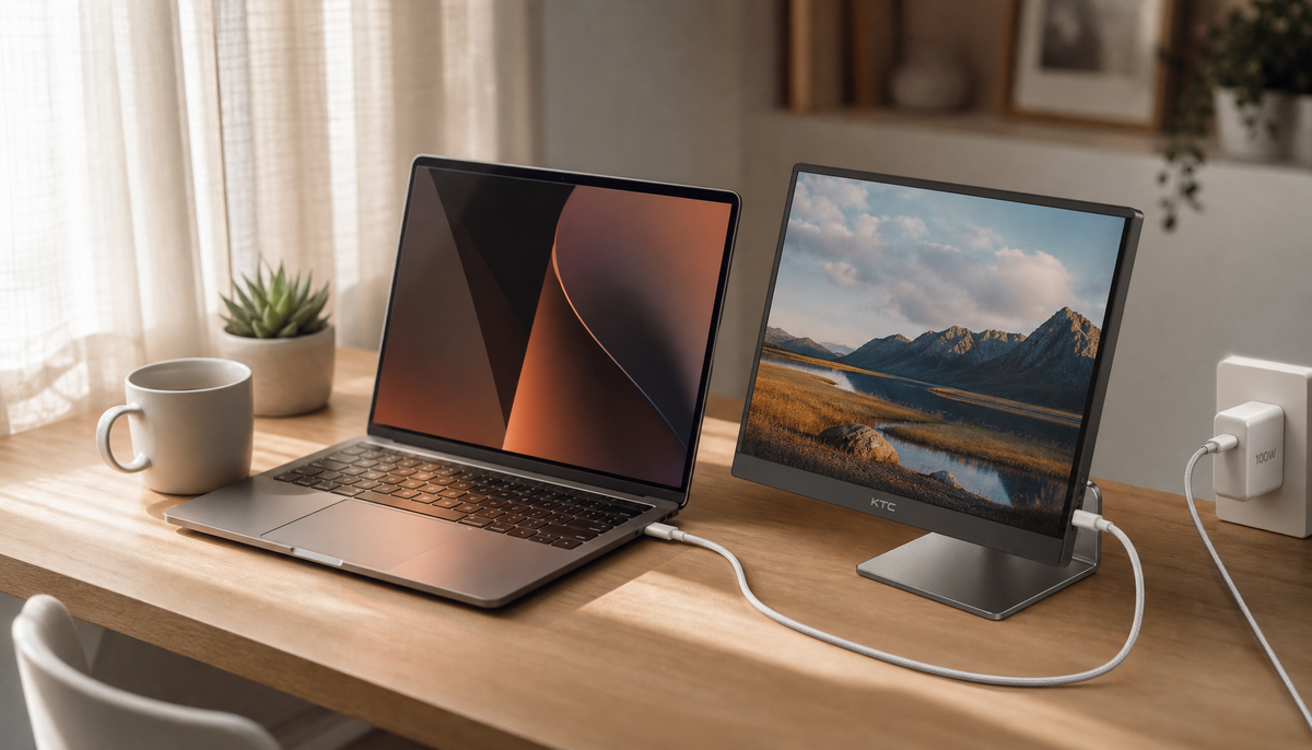 Laptop and portable monitor connected through a single USB-C cable on a clean home office desk with natural window light