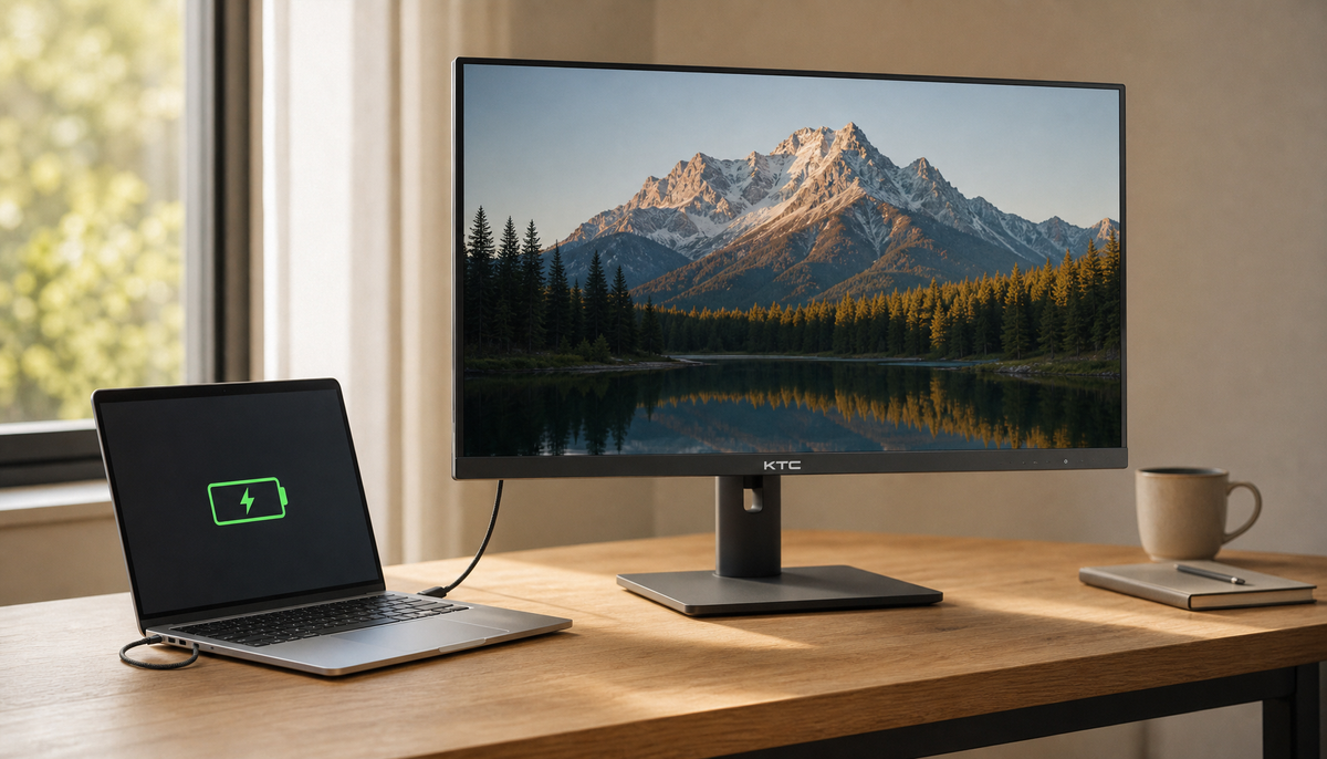 Laptop connected to a KTC monitor via a single USB-C cable handling both display output and Power Delivery charging on a clean desk