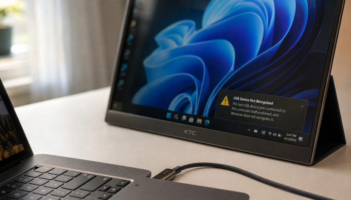 Laptop connected to a portable monitor via USB-C cable showing a USB Device Not Recognized error on screen
