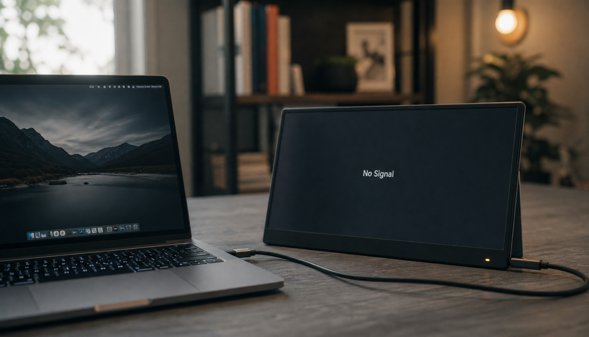 Laptop connected via USB-C to a monitor showing No Signal after a BIOS update