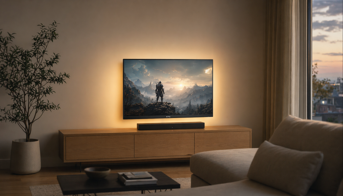 Minimalist gaming monitor setup integrated into a modern living room entertainment center with clean cable management and ambient lighting