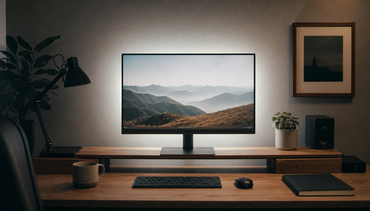 Monitor on a home office desk with soft neutral bias lighting glowing on the wall behind it in a dim room
