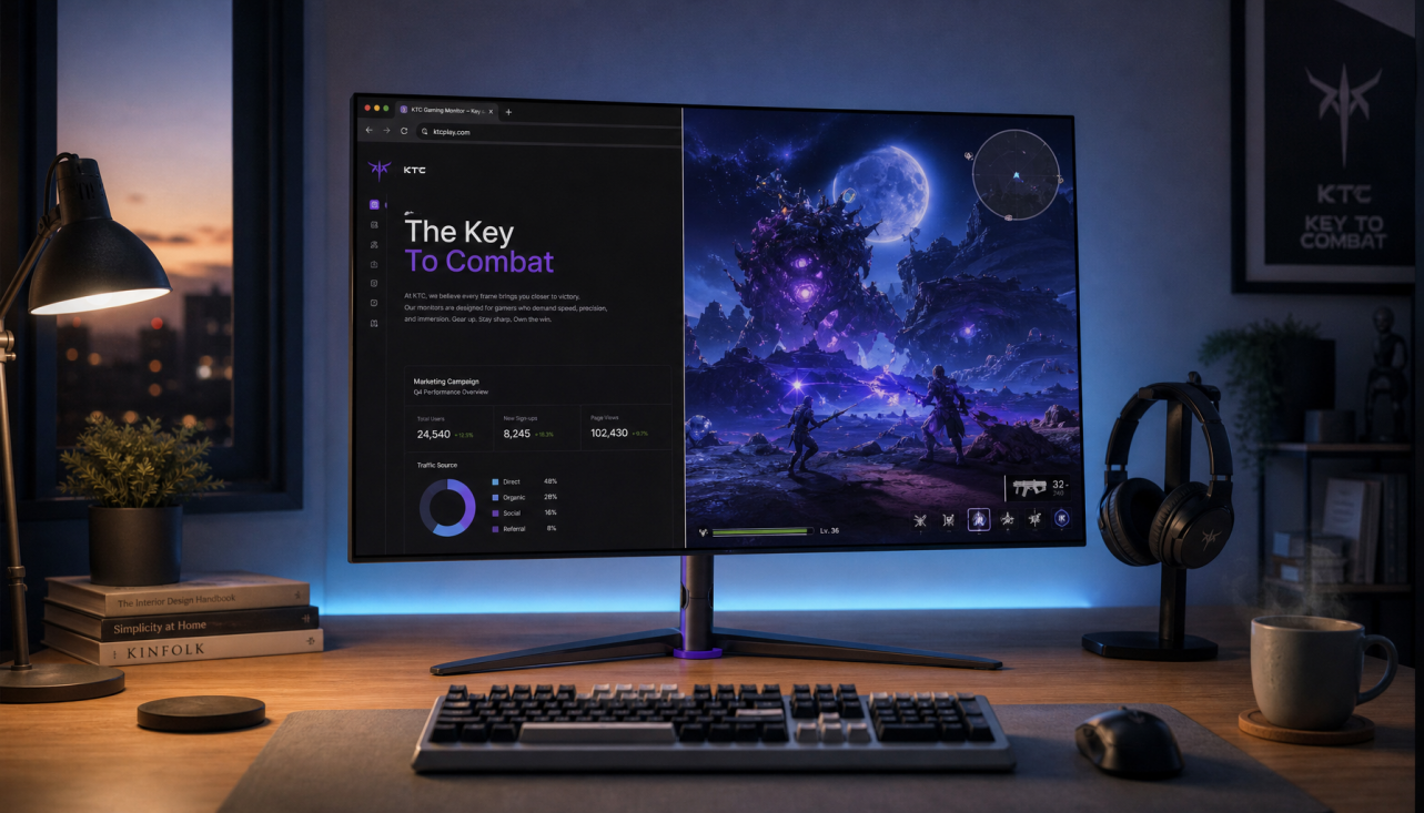 OLED gaming monitor on a desk showing mixed gaming and productivity use, demonstrating how the display handles varied content