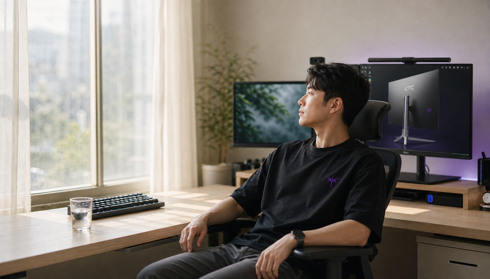 Office worker resting eyes by looking away from monitors toward a bright window during a screen break