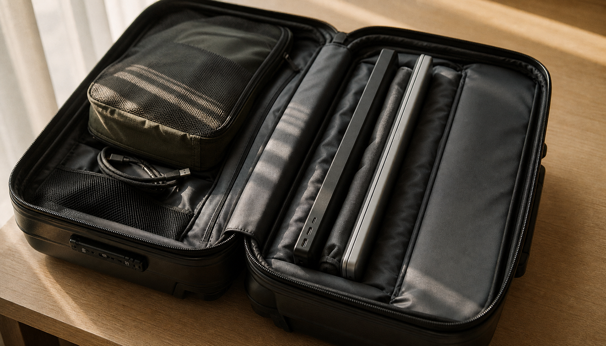 Open hardshell carry-on with a portable monitor and laptop packed side by side in the padded compartment, separated by a microfiber cloth