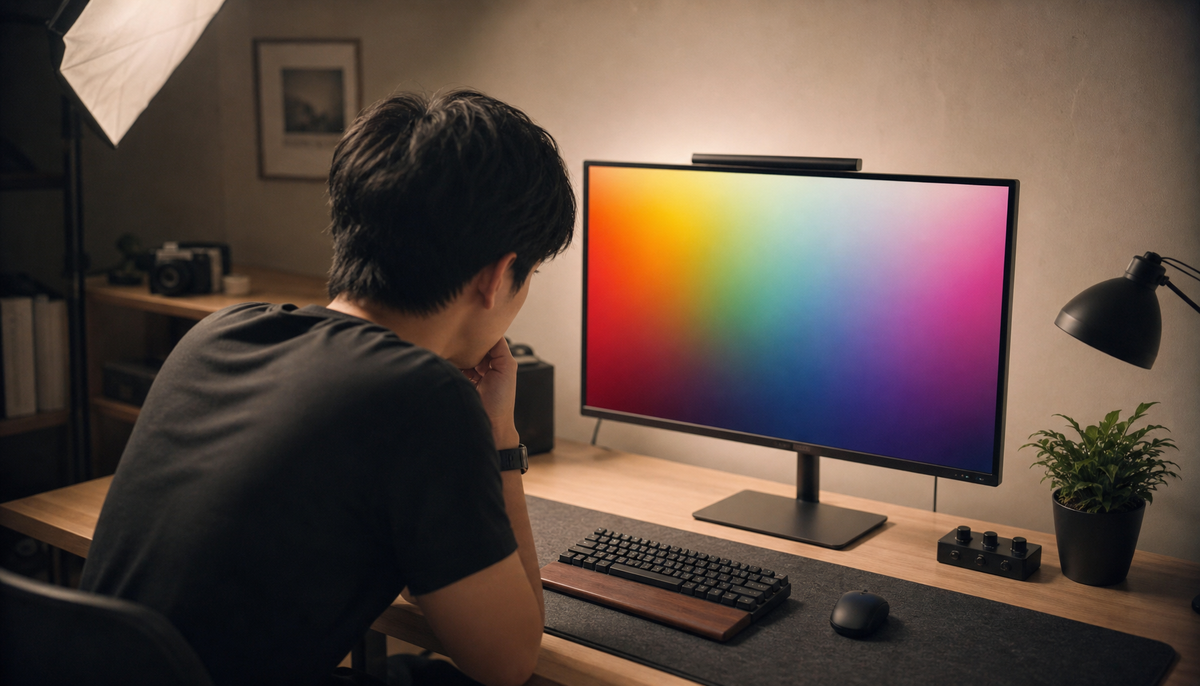Person checking monitor color accuracy from an off-center viewing angle at a clean desk setup