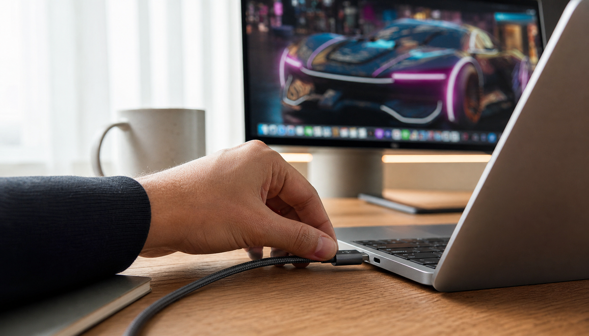 Person plugging a USB-C cable into a laptop to hot-swap an external monitor without restarting