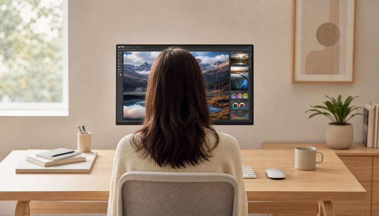 Person sitting at a home office desk with a single monitor centered in front of them, maintaining a neutral neck posture